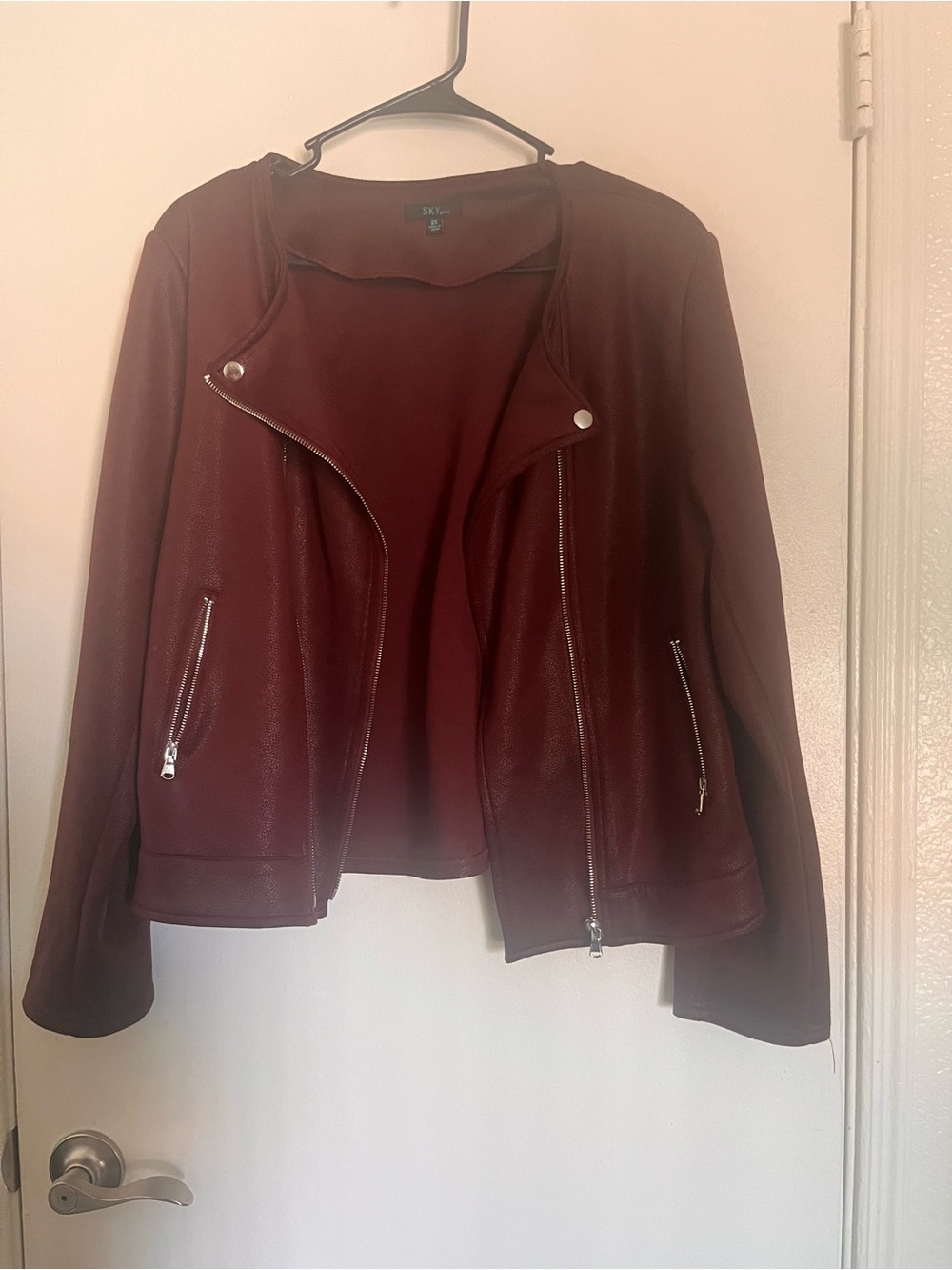 Skies Are Blue Women's Faux Leather Moto Jacket - Deep Wine